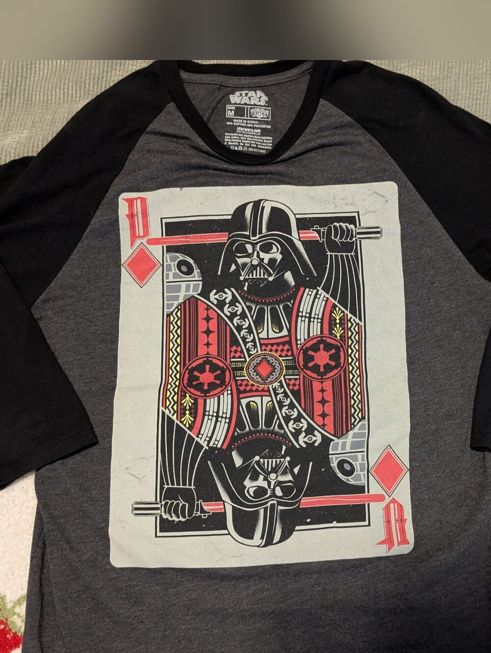 Star Wars Men’s Black & Charcoal Raglan Graphic Tee - Darth Vader Playing Card